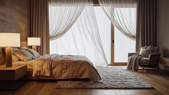 Cozy bedroom interior with linen pillows and duvet cover illuminated by bedside lamps creating a warm and inviting ambiance