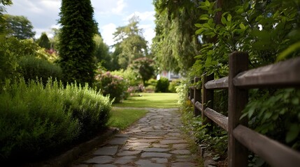 Obraz premium A stone pathway invites explo n through a lush sunlit garden with a rustic wooden fence