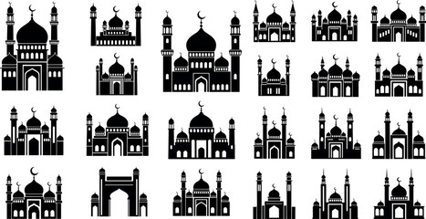 Islamic mosque silhouettes set with various domes minarets and architectural styles religious landmark vector illustration collection © Lunavera art