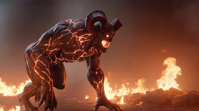 A muscular creature with glowing orange veins crouches amidst burning flames in a dark landscape.
