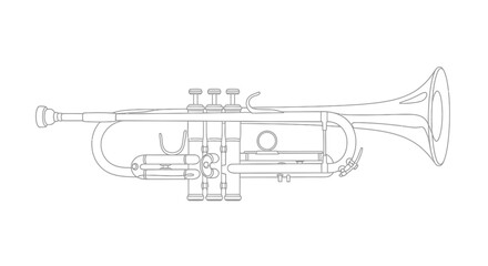 Detailed line drawing of a brass trumpet side view isolated on white © LUNEX