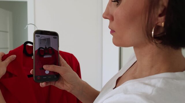 Young Brunette Woman Photographing Red Blazer on Hanger with Smartphone Near White Closet &mdash; Online Resale, Fashion Blogging and Secondhand Clothing Concept	