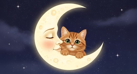 Fototapeta premium Whimsical orange kitten on a crescent moon at night