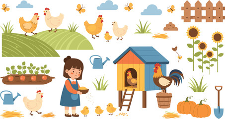 Farm Girl Feeding Chickens with Hen House, Sunflowers, Pumpkins, and Garden in a Rural Farm Landscape IllustrationFarm Girl Feeding Chickens with Hen House, Sunflowers, Pumpkins, and Garden in a Rural © Md