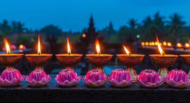 Waisak Temple events, traditional oil lamps and pink lotus flowers placed on a textured volcanic stone ledge, deep blue twilight hour background