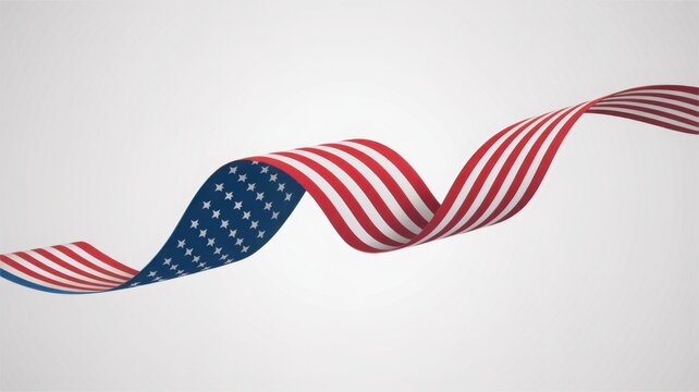American flag ribbon waving on white background, patriotic red white and blue flowing banner, USA national colors