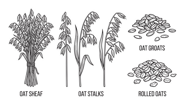 Oat sheaf stalks and groats with rolled oats cereal collection vector illustration on grid background