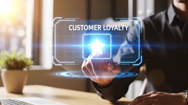Man hand touching futuristic holographic screen with customer loyalty program and star icon glowing with bright light, business technology concept