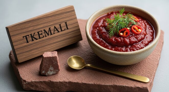 Traditional Georgian Red Tkemali Plum Sauce with Dill and Red Chidaoba Textile