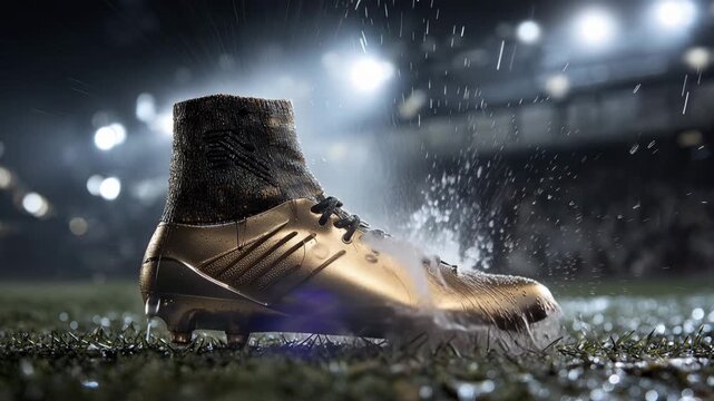 Ultra HD macro shot of a golden soccer boot sitting on a wet grass pitch during a heavy rainstorm at a professional stadium under bright floodlights Video.