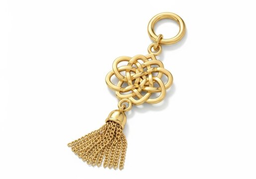 A gold keychain featuring interlocking rings and a decorative tassel pendant.
