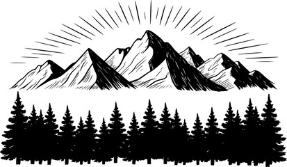 Hand Drawn Mountain Range Silhouette With Pine Trees And Sun Rays forest © simplevector