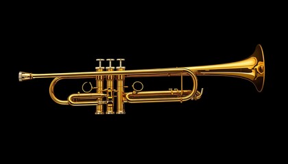 Obraz premium A shiny gold trumpet against a black background, perfect for music and instrument enthusiasts.