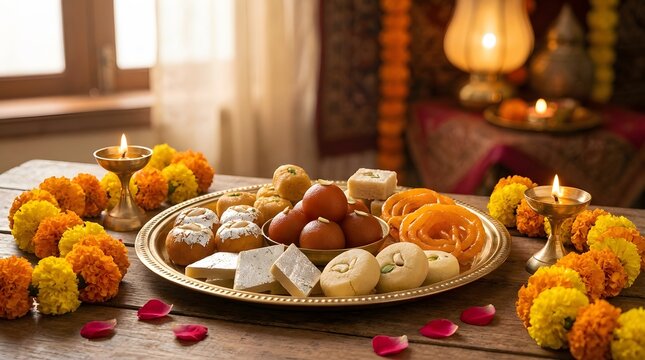 Indian sweets arranged on plate festive celebration setup