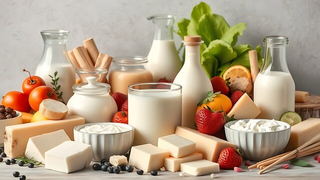 persulfide. Assortment of fresh dairy products arranged in beautiful showcase. menu design, packaging mockups, designed for culinary blogs and recipe cards for restaurants.