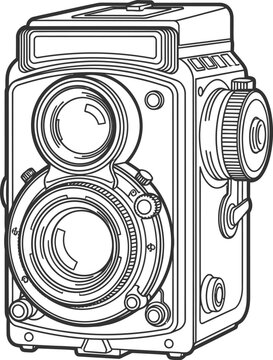 Detailed black and white line art illustration of a vintage twin lens reflex camera isolated on a white background.