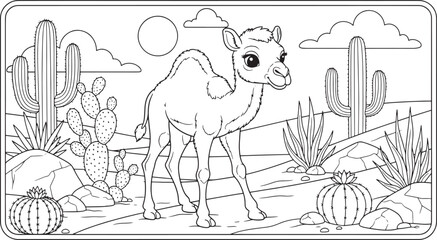 Obraz premium Cute baby camel walking in desert with cactuses coloring book page for kids, desert animal cartoon line art drawing