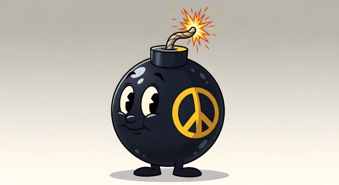Cartoon bomb with peace sign and angry face