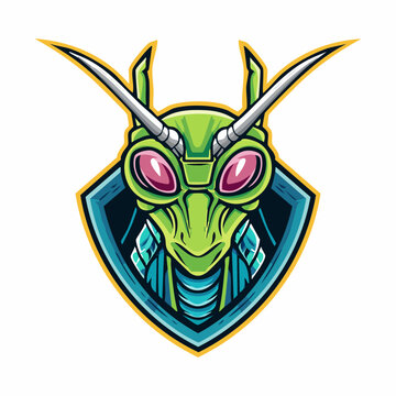 Stylized green praying mantis head esports logo design