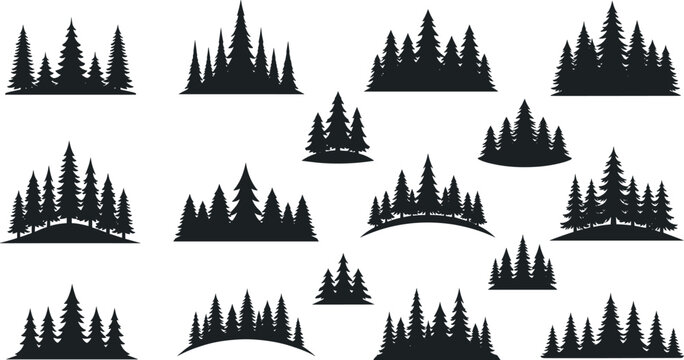 Set of pine forest silhouettes in various shapes including curved landscape evergreen trees nature vector illustration collection