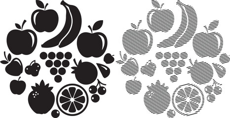 Fototapeta premium Black and white dot pattern of various fruits arranged in two contrasting clusters