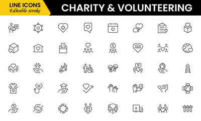 Fototapeta premium Volunteering and charity web icons in line style. Donate, donor, doctor, care, help, support, collection Vector illustration.