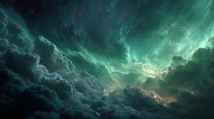 Obraz premium A swirling cosmic nebula, dominated by teal and grey hues, creates a dramatic, ethereal atmosphere
