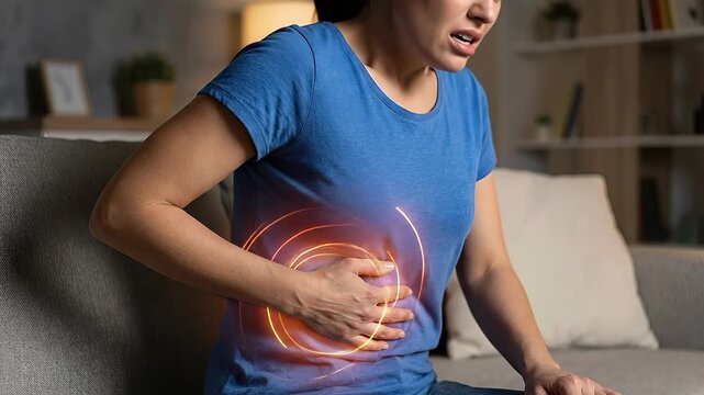 Woman experiencing severe abdominal pain, clutching her right side, a symptom of gallbladder disease, liver discomfort, digestive system issue, urgent medical problem