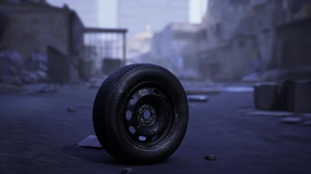 A lone black tire stands upright on a deserted street filled with debris. Surrounding buildings show signs of decay, highlighting urban desolation and neglect in a once bustling area.