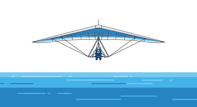 A hang glider soars above water. Pilot in center, blue and white glider, simple style