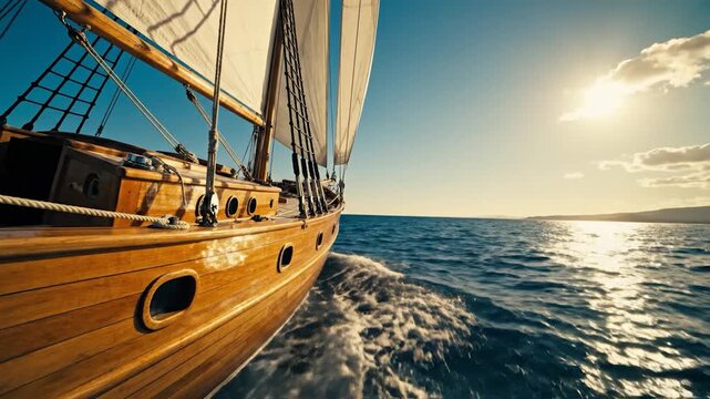 A wooden sailing vessel glides across the ocean at sunset