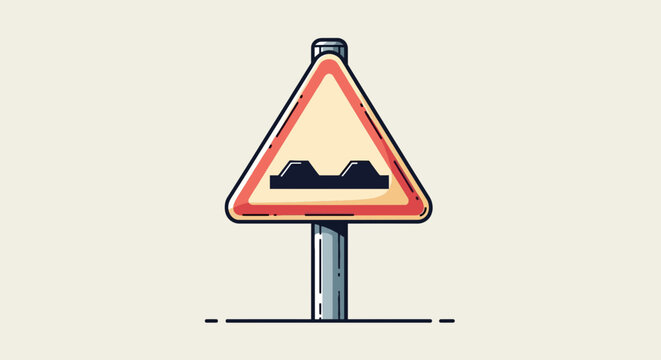 A cartoon road sign indicating bumps ahead, on a metal pole against a beige background