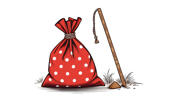 Cartoon doodle of a bindle, red polka-dotted cloth sack tied to a brown stick.