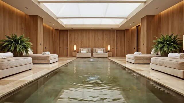Elegant spa resort interior with central pool and warm wood paneling featuring daybeds and lush green plants creating a tranquil retreat