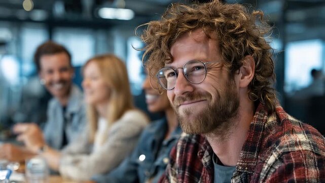 Ultra HD Authentic cinematic visualization of a young creative professional with curly hair and glasses laughing during a productive team meeting in a modern office Video.
