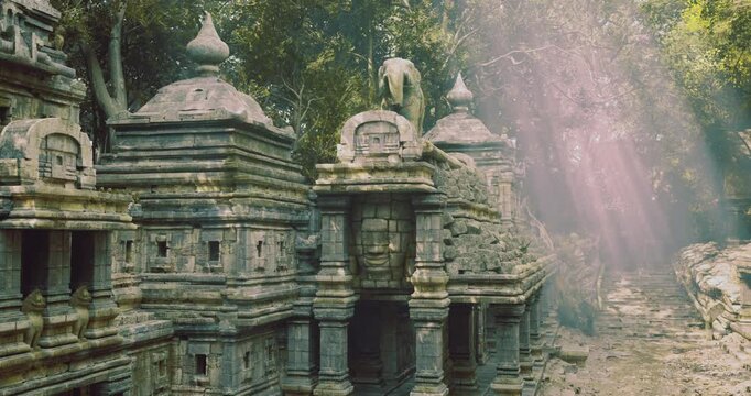 Amidst a dense forest, ancient temple ruins emerge from the mist. Intricate stonework and weathered facades tell stories of a bygone era, illuminated by soft beams of light.