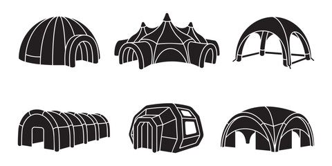 Inflatable tents vector illustration set of modern dome structures and portable outdoor pavilions