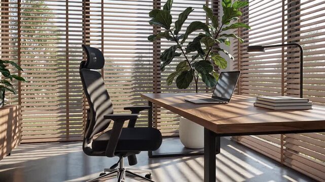 Ergonomic mesh office chair at wooden desk with laptop and books in sunlit home office with blinds and plant