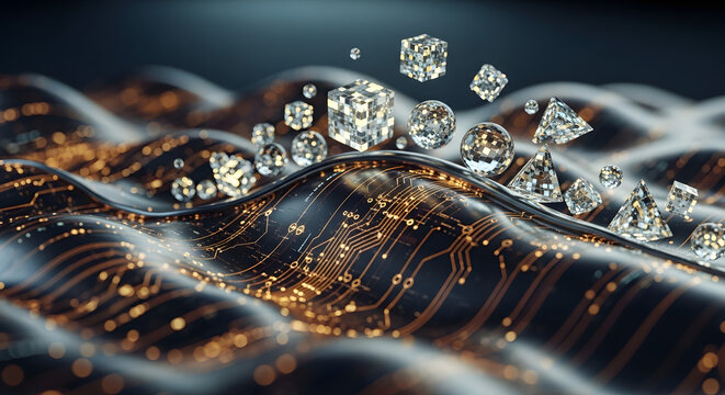 An innovative conceptual background featuring complex gold and black circuit board waves with floating crystal geometric objects (cubes, spheres, pyramids). It represents big data flow, quantum comput