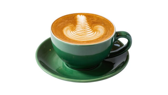 Delicious hot latte coffee with intricate fern latte art in a vibrant green ceramic cup and saucer, isolated on transparent background PNG