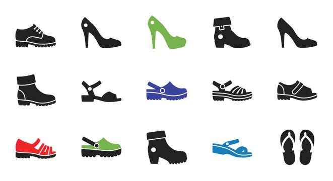 Collection of various footwear icons displayed in a simple flat style
