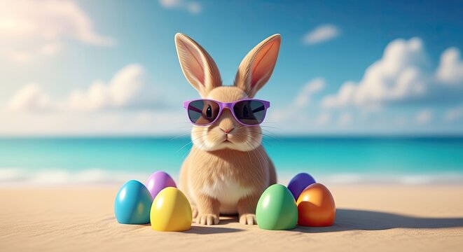 Easter day fun with cool bunny wearing sunglasses on beach with colorful eggs