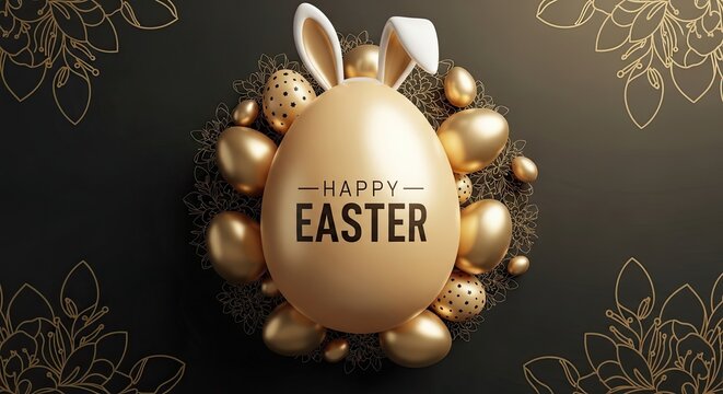 Happy easter day golden egg with bunny ears and decorative eggs