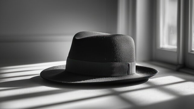 Fedora hat sits on windowsill, sunlight streams in, shadows cast, mystery scene, film noir