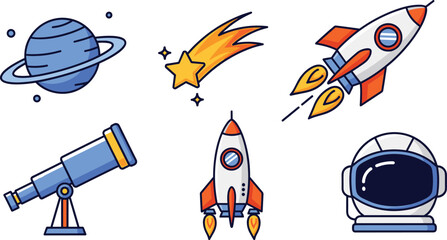Cartoon Space Exploration Elements Illustration Set Featuring Planet, Rocket, Meteor, Telescope, and Astronaut Helmet for Science and Adventure Designs © Sohel