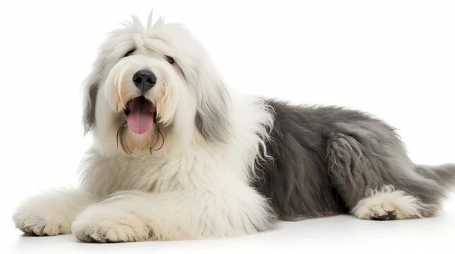 Old English Sheepdog is doing his leisurely activities, against a white background