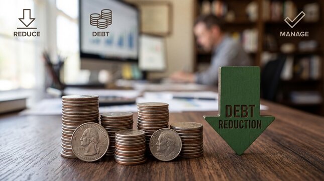Stacks of coins on wooden desk with debt reduction arrow symbolizing financial management and savings