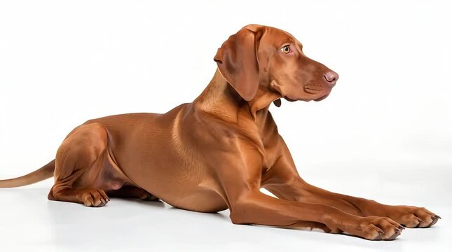 Vizsla dog is doing his leisurely activities, against a white background