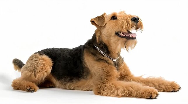 Airedale Terrier dog is doing his leisurely activities, against a white background