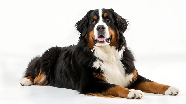 Bernese Mountain Dog is doing his leisurely activities, against a white background